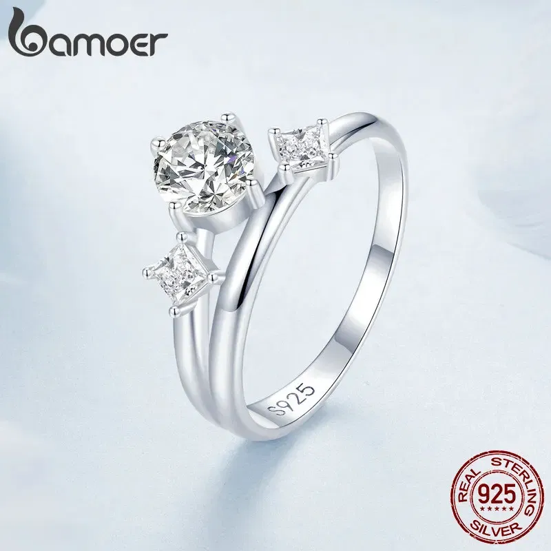Gem Color: Red, Ring Size: 8 - Bamoer 925 Sterling Silver Sparkling Double Layer Zircon Stackable Ring for Women Girl White Gold Band Ring Engagement Jewelry