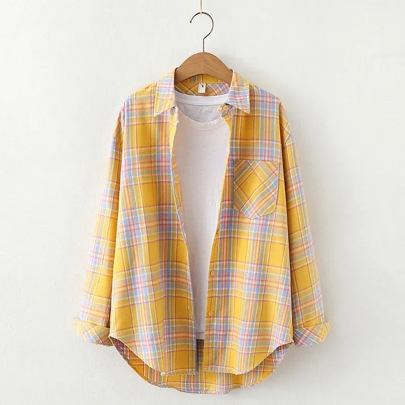 Color: Fuchsia, Size: XS - Fresh Flannel Plaid Shirt Women 2025 New Female Blouses and Tops Cotton Loose Long Sleeve Casual Shirts Fine Women's Clothes
