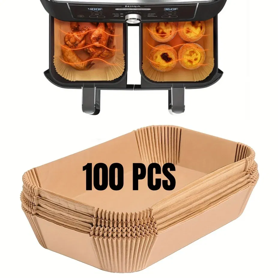 Color: Beige - Air Fryer Paper Liners Disposable Oil-Proof Waterproof Baking Paper Round Square And Rectangle Parchment Kitchen Party Supplies