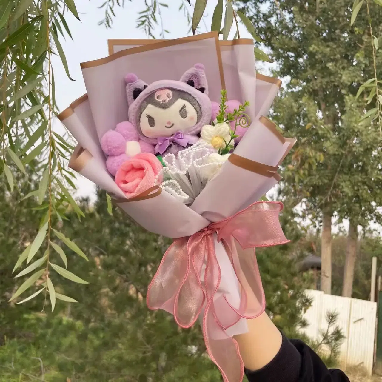 Color: Light Grey - Kawaii Hello Kitty Cat Dolls With Artificial Flowers Creative Bouquet Christmas Valentine Birthday Graduation Gifts