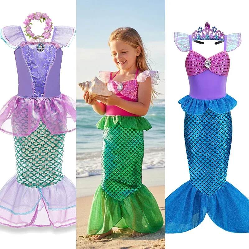 Color: Pink, Kid Size: 9 - Disney Little Mermaid Ariel Costumes for Girls Princess Dress Cosplay Halloween Carnival Kids Birthday Party Dress Up Clothing