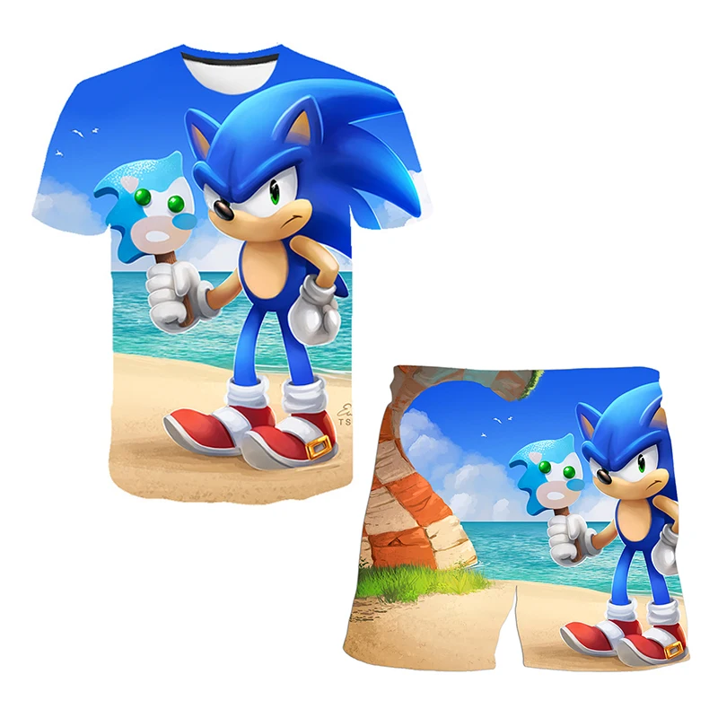 Color: MULTI, Size: M - New Japanese cartoon Sonic T-shirt children's top T-shirt shorts two-piece set summer boy cartoon cute T-shirt+beach pants