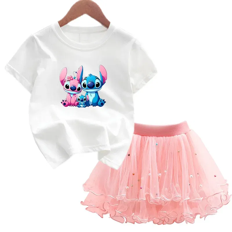 Color: Orange, Kid Size: 5 - 2pcs Lilo Stitch Summer Girls Outfits Cartoon T-shirt and Tutu Skirt Princess Clothes Suit Children Birthday Clothing Sets