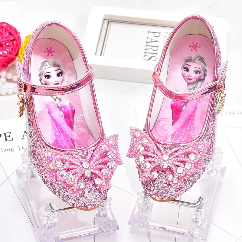 Color: PURPLE, Shoe Size: 35 - Disney Princess Elsa Leather Shoes Girls' High Heels Shoes Fashion Girls' Crystal Shiny Children's Blue Pink Shoes Size 26-35