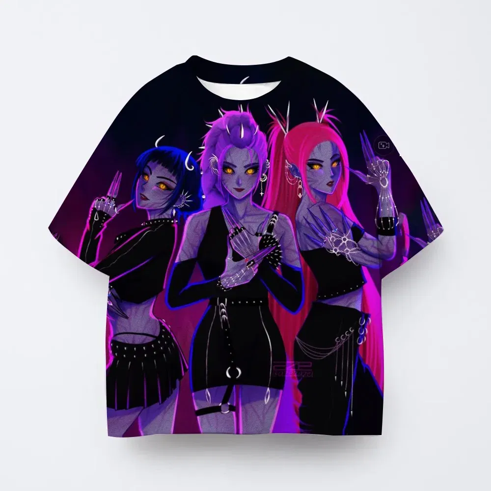 Color: GRAY, Kid Size: 4T - Toddler Girl Clothes Kpop Demon Hunters Cartoon Tee Shirt Funny Gift for Fans Harajuku Cool Kids T-shirts Cotton Summer Tops
