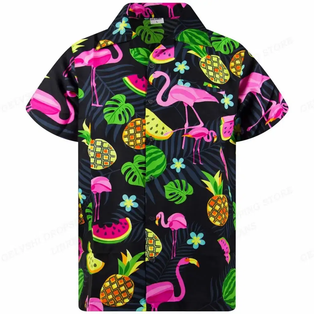 Color: MULTI, Size: XL - Flamingo Hawaiian Shirts Beach Summer Men's Shirt Tropic Leaf 3D Print Shirts Men Women Fashion Blouse Short Sleeve Vocation
