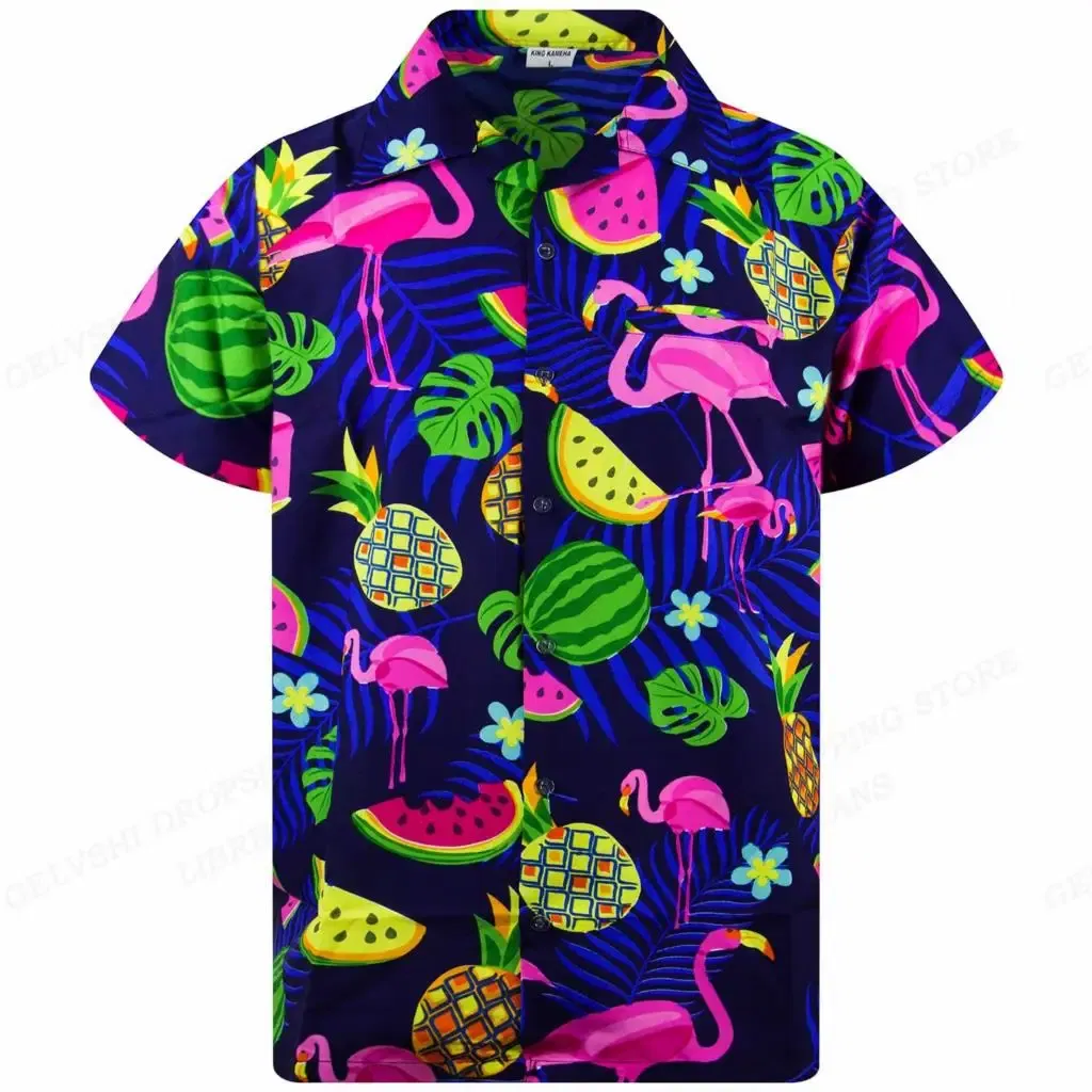 Color: MULTI, Size: XL - Flamingo Hawaiian Shirts Beach Summer Men's Shirt Tropic Leaf 3D Print Shirts Men Women Fashion Blouse Short Sleeve Vocation