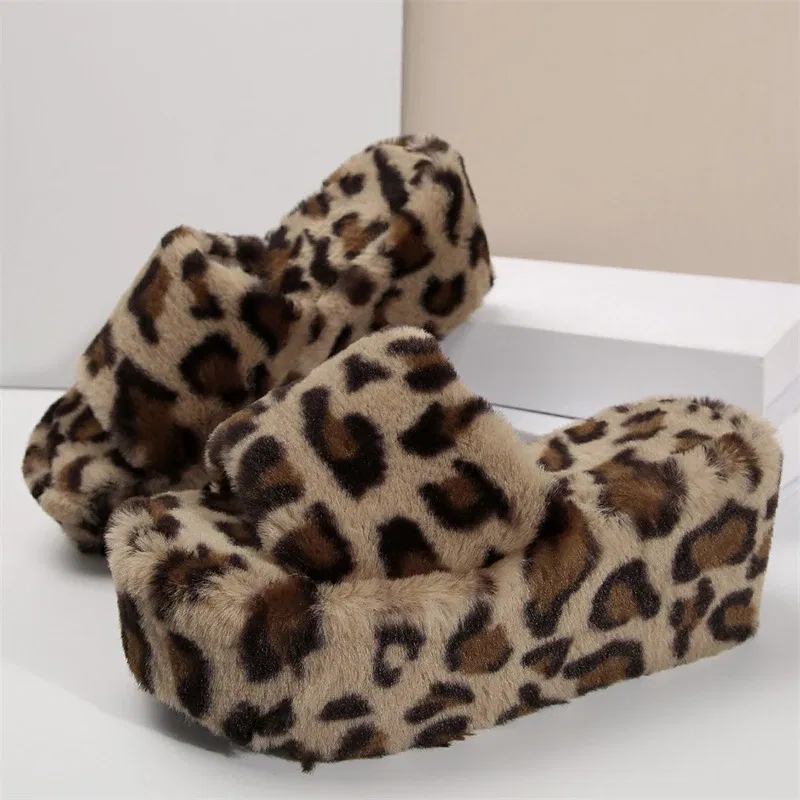 Color: Beige, Shoe Size: 35, Ships From: CHINA - Leopard Fur Women High Heel Slippers Wedges Home Cotton Shoes Winter New Trend Fluffy Flip Flops Pumps Cozy Zapatos Mujer