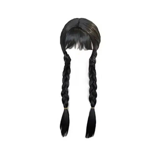 Color: green - Wednesday Wig For Kids Halloween Wednesday Addams Black Braids Synthetic Hair Cosplay Accessories Crown Necklace Headdress Suit