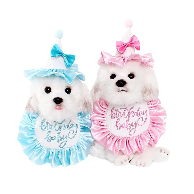 Color: WHITE, Ships From: CHINA - Pet Dog Birthday Party Dress hat Caps and Scarf Cute Hat Bib Cat Saliva Towel Funny Photography Props Gift Pet puppy Costume