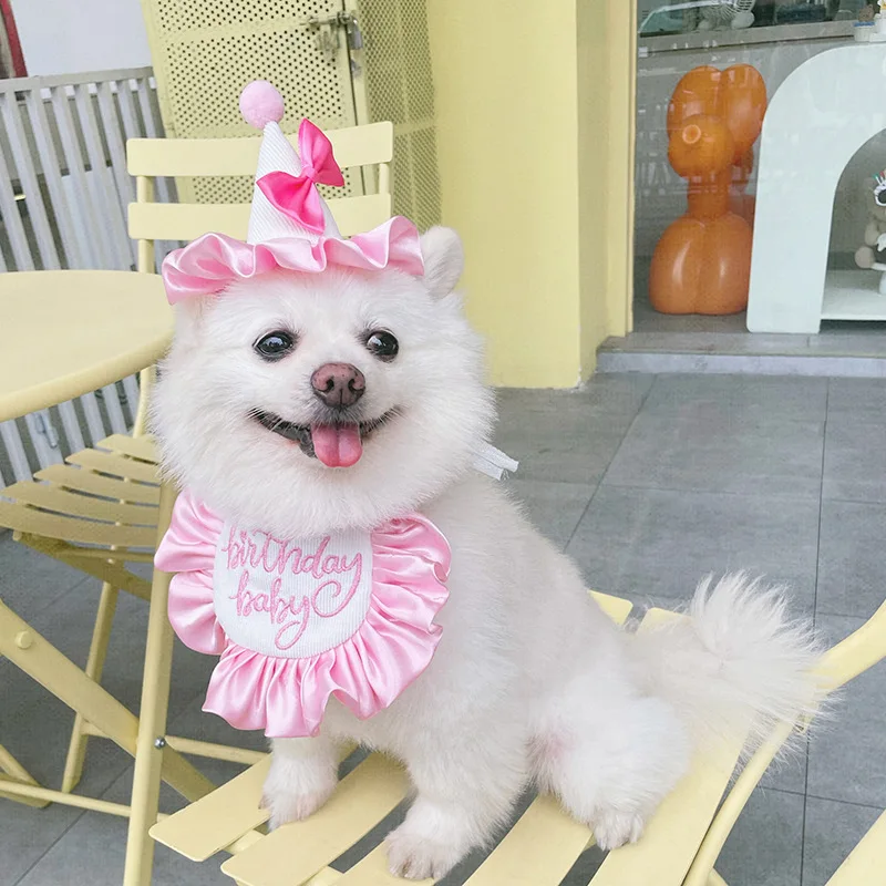 Color: WHITE, Ships From: CHINA - Pet Dog Birthday Party Dress hat Caps and Scarf Cute Hat Bib Cat Saliva Towel Funny Photography Props Gift Pet puppy Costume