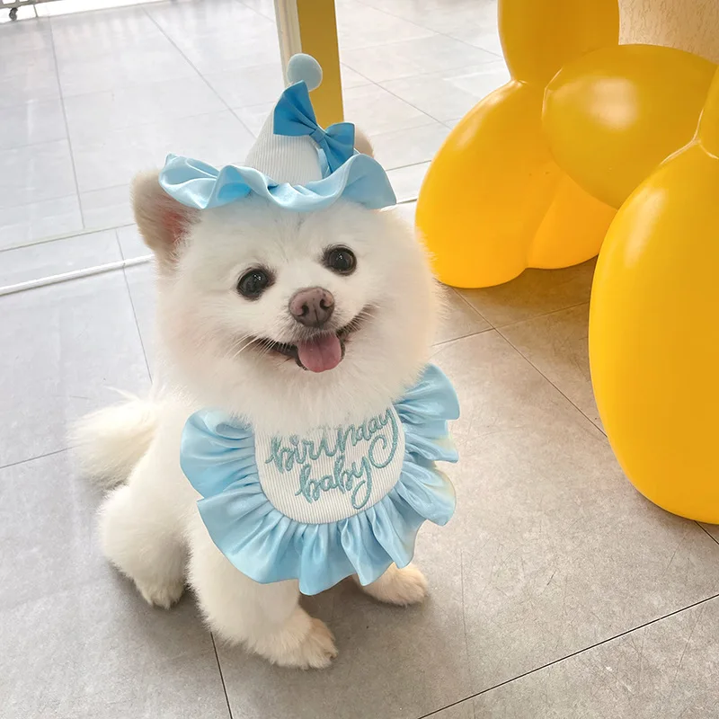 Color: WHITE, Ships From: CHINA - Pet Dog Birthday Party Dress hat Caps and Scarf Cute Hat Bib Cat Saliva Towel Funny Photography Props Gift Pet puppy Costume