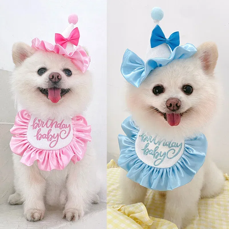 Color: WHITE, Ships From: CHINA - Pet Dog Birthday Party Dress hat Caps and Scarf Cute Hat Bib Cat Saliva Towel Funny Photography Props Gift Pet puppy Costume