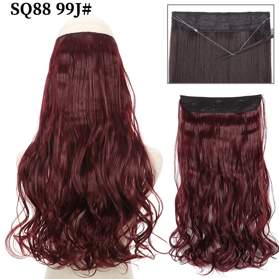 Color: T1B/Red, Stretched Length: 22inches, Ships From: CHINA - Synthetic Natural Wavy No Clip Fish Line Invisible Hair Extensions Mixed Color Blonde Black Artificial False Hair Piece ForWomen