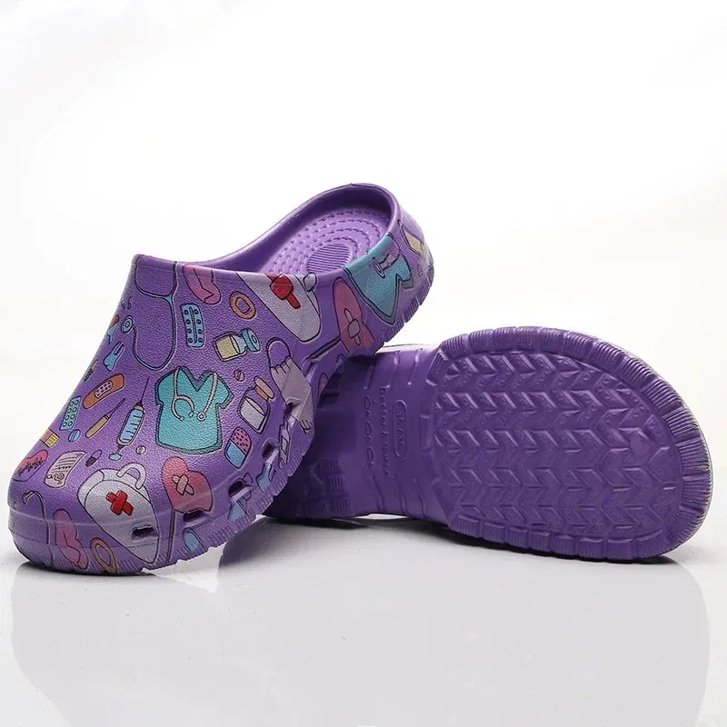 Color: Beige, Shoe Size: 41-42 - Medical print Nurse Clogs EVA Surgical Slippers Lightweight Non-slip Doctor Scrub Clogs Dental Pet Clinic Nursing Clogs Y07-1