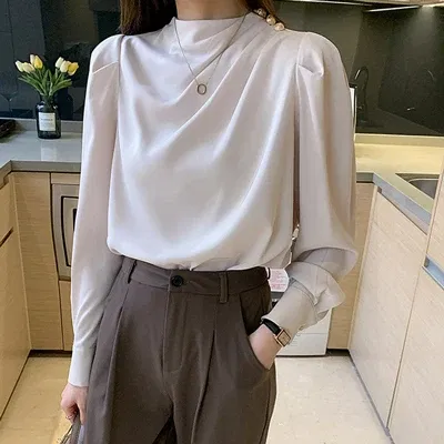 Color: Beige, Size: S, Ships From: CHINA - Spring Autumn Elegant Office Women Shirt Mujer Chic Satin Formal Lantern Sleeve Blouse Tops Loose Pullover Jumper Street Clothes