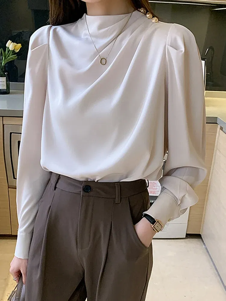 Color: Beige, Size: S, Ships From: CHINA - Spring Autumn Elegant Office Women Shirt Mujer Chic Satin Formal Lantern Sleeve Blouse Tops Loose Pullover Jumper Street Clothes