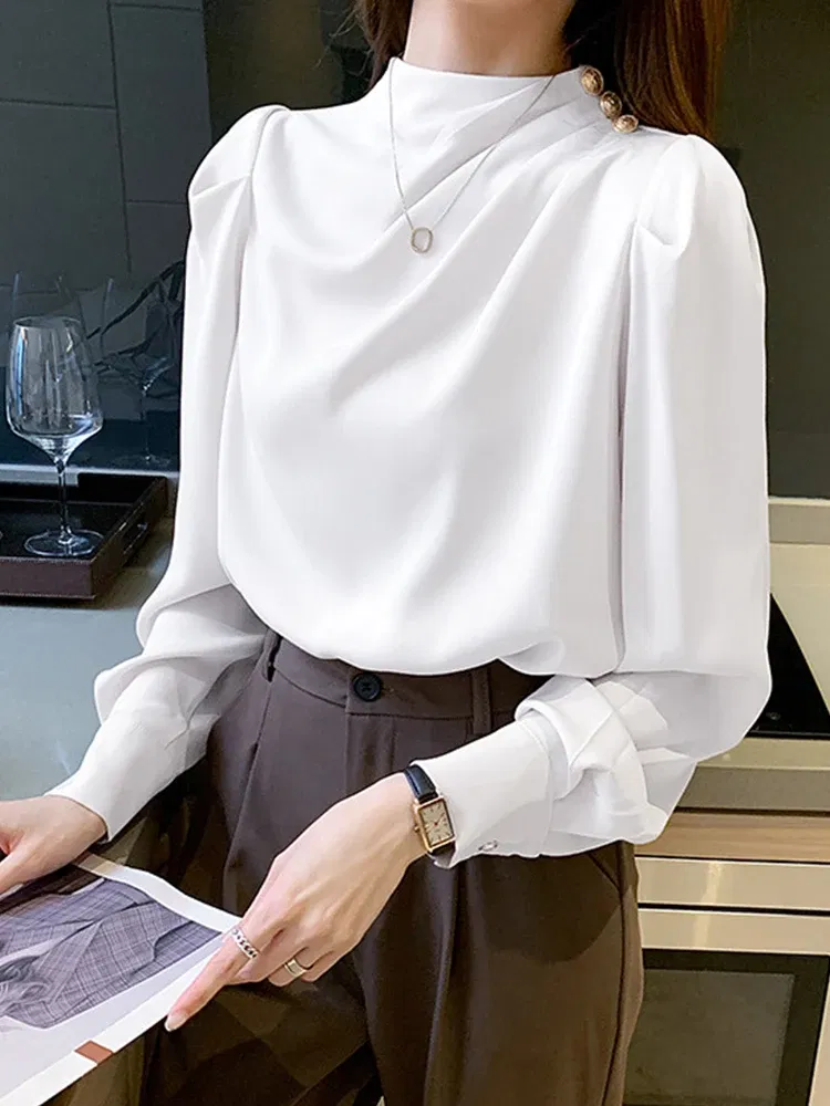 Color: Beige, Size: S, Ships From: CHINA - Spring Autumn Elegant Office Women Shirt Mujer Chic Satin Formal Lantern Sleeve Blouse Tops Loose Pullover Jumper Street Clothes