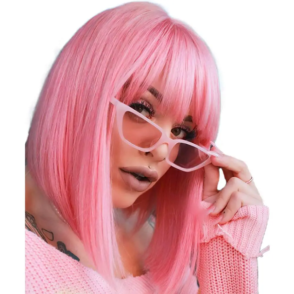 Color: FS1B/99J, Stretched Length: 12inches - 12-inch pink short straight hair synthetic wig for cosplay, pompadour hairstyle, daily high-temperature hair wig