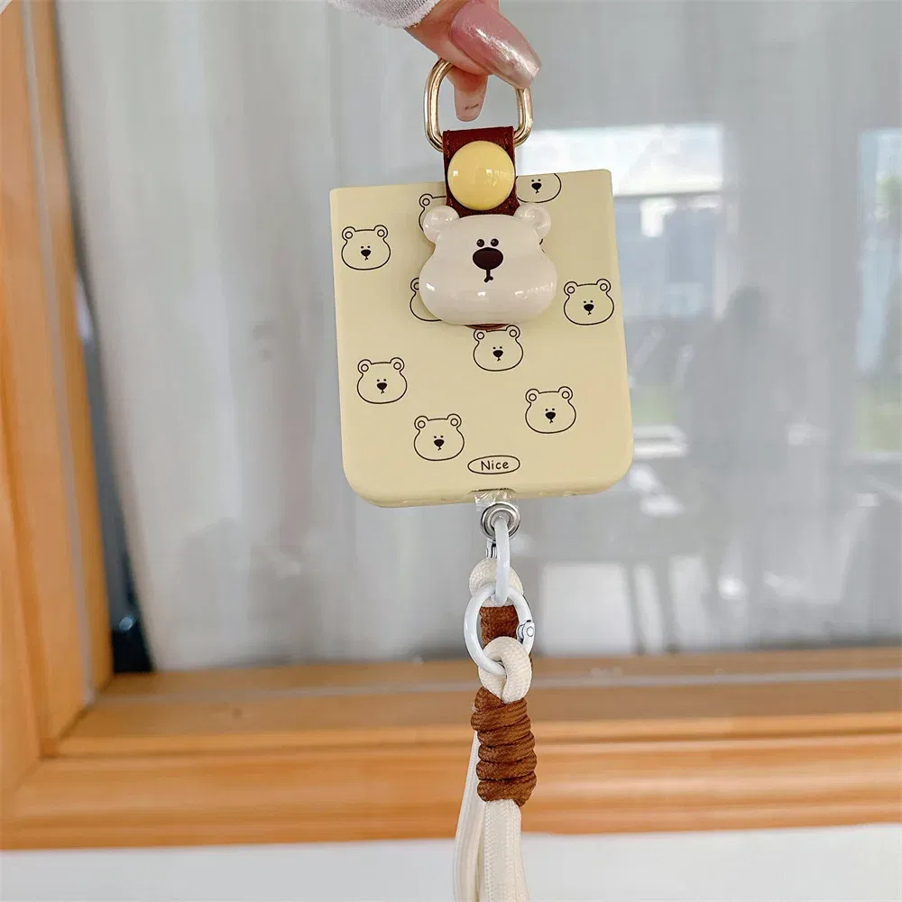 Color: Beige, Material: Cotton Fabric - Cute 3D Bear Hand Strap Case for Samsung Galaxy Z Flip 6 5 4 3 Lanyard Ring Holder Shockproof Cover for Samsung Flip6 ZFlip5