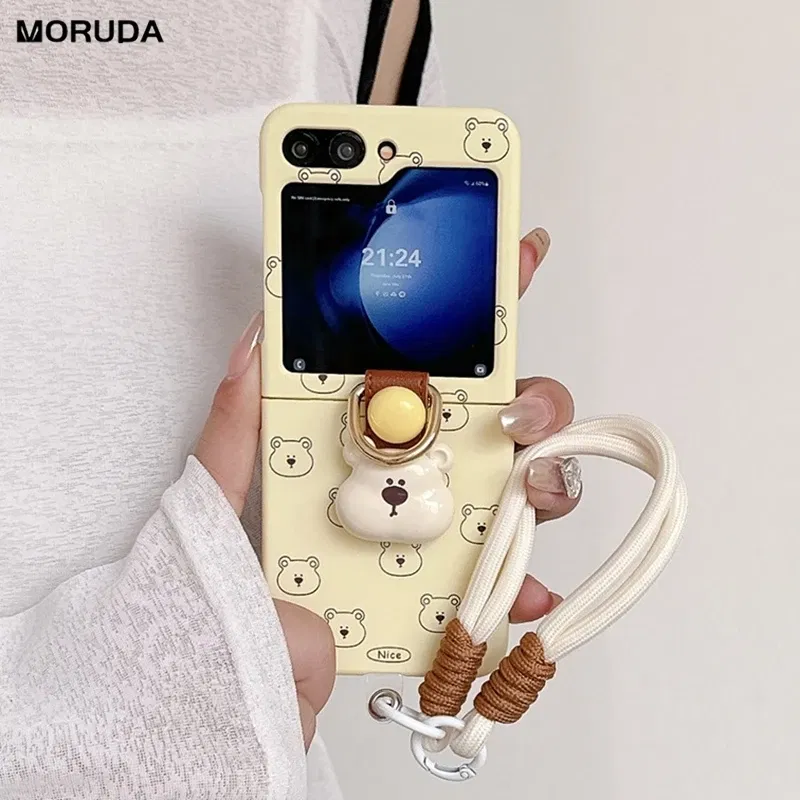 Color: Beige, Material: Cotton Fabric - Cute 3D Bear Hand Strap Case for Samsung Galaxy Z Flip 6 5 4 3 Lanyard Ring Holder Shockproof Cover for Samsung Flip6 ZFlip5