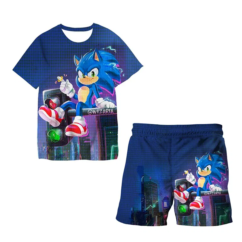 Color: Burgundy, Size: 10cm - New Japanese cartoon Sonic T-shirt children's top T-shirt shorts two-piece set summer boy cartoon cute T-shirt+beach pants