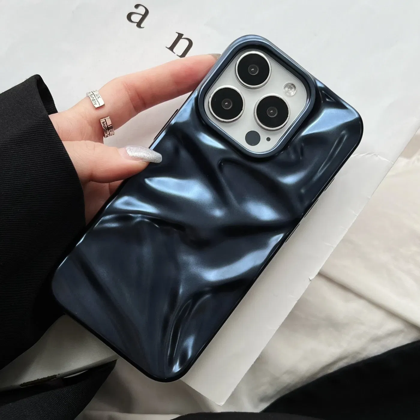 Color: black, Compatibility by Model: iPhone 15 - Soft Matte 3D Wavy Pattern Phone Case For iPhone 16 17 ProMax 17 Air 15 14 Plus 13 12 Pro Max 11 ins Water Ripple Creative Cover