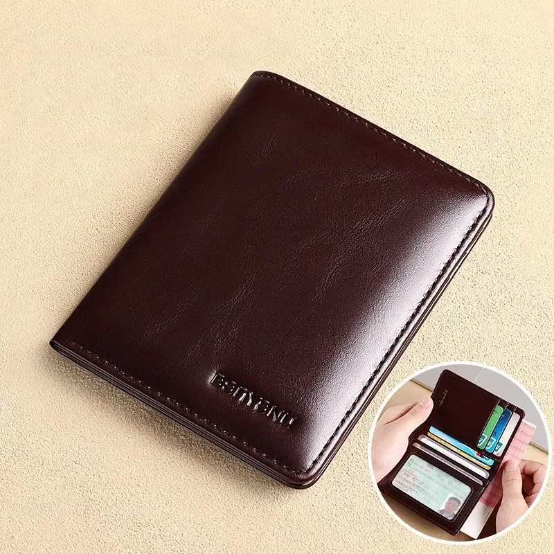 Color: Brown - Simple Design Men Card Holder Purse Vertical Slim Money Clip Genuine Leather Wallet for Men Anti RFID