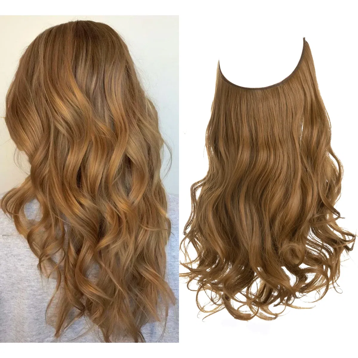 Color: Bug, Stretched Length: 14inches - Synthetic No Clip Wave Hair Extensions Ombre Natural Black Blonde Pink One Piece False Hairpiece Fish Line Fake Hair Piece