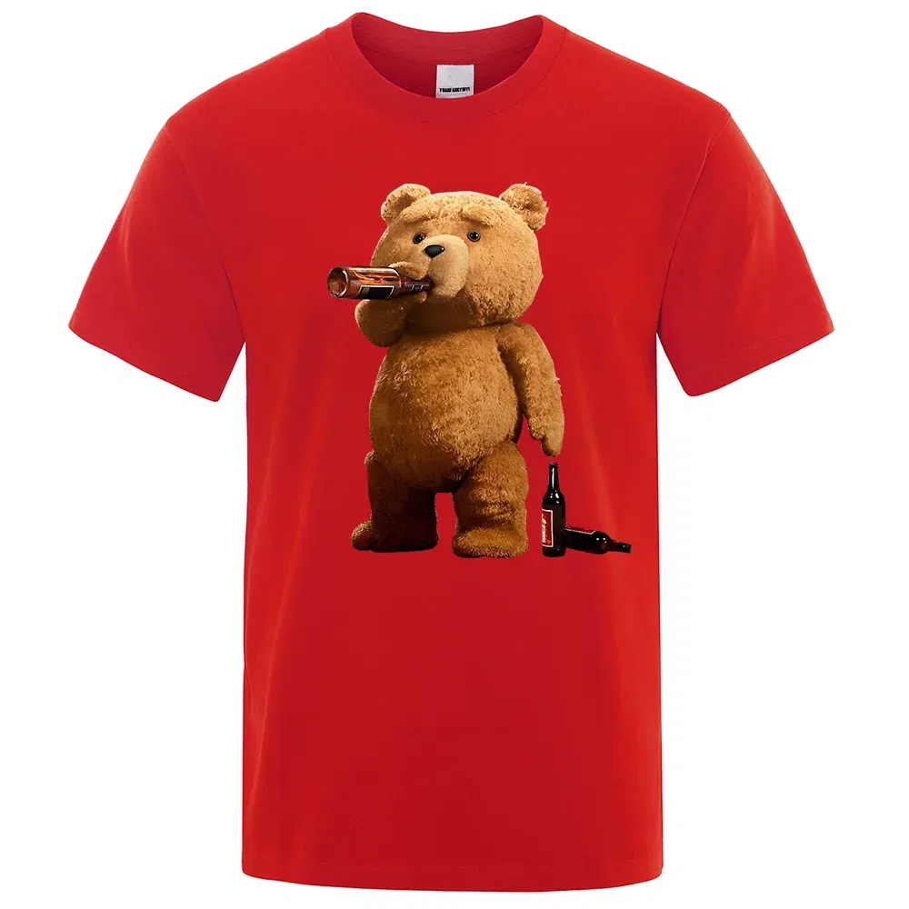 Color: Red, Size: L - Lovely Ted Bear Drink Beer Poster Funny Printed T-Shirt Men Fashion Casual Short Sleeves Loose Oversize Tee Street Hip Hop Tops