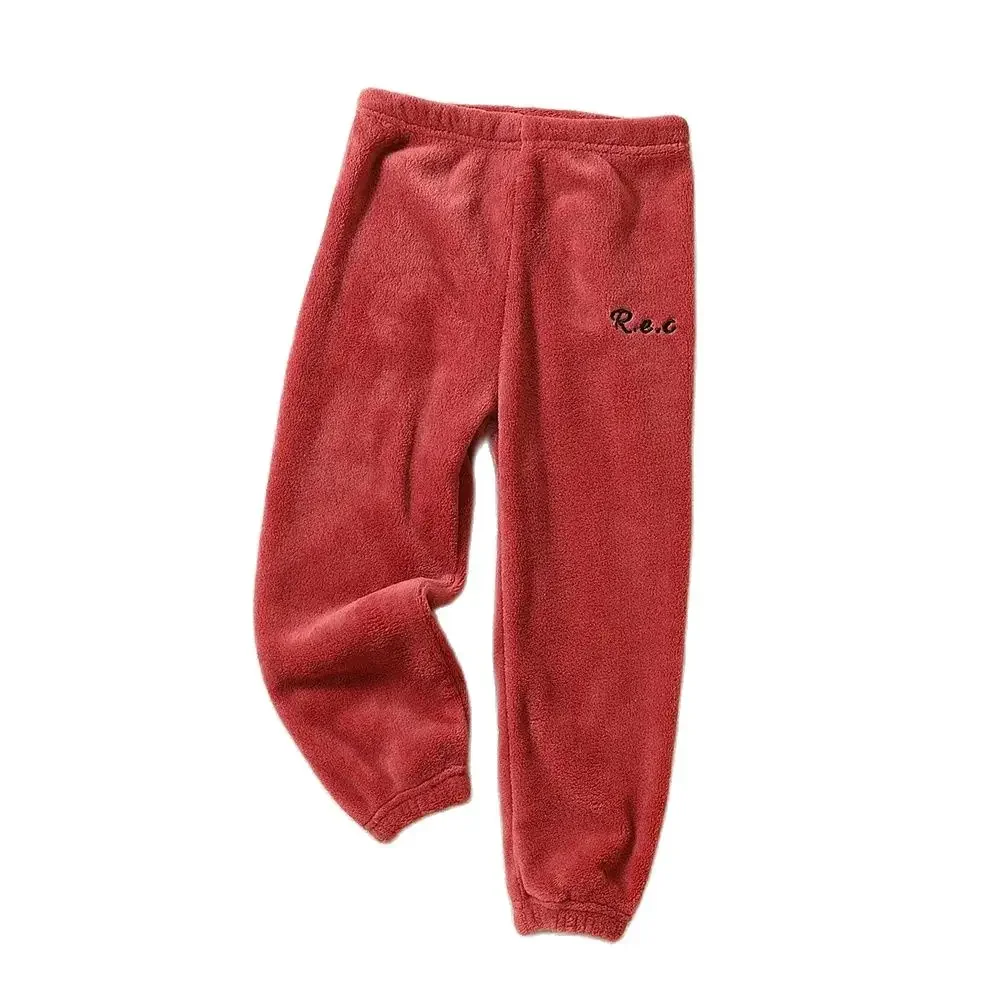 Color: Red, Kid Size: 9 - Children Thicken Fleece Pants Boys and Girls Solid Letter Embroidery Sports Casual Kids Clothes Warm Leggings Clothing Winter