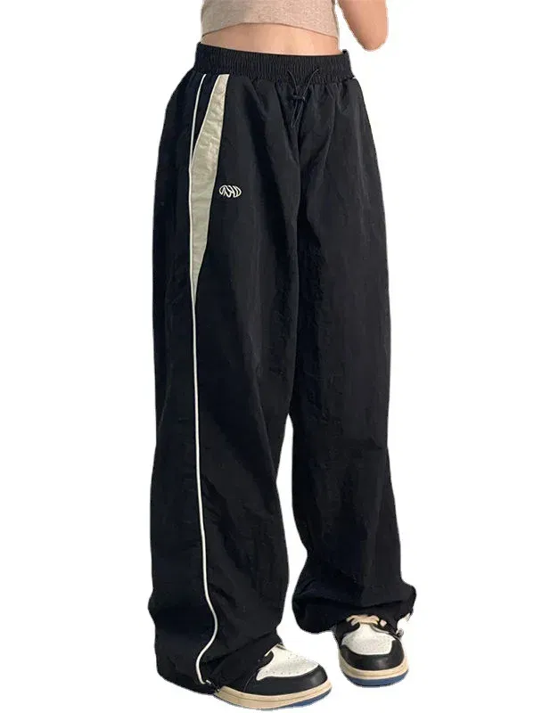 Color: black, Size: L - Women Spring Retro Solid Loose Drawstring Trousers Casual Joggers Baggy Wide Leg Sweatpants Mid Waist Sporty Y2k Female Clothes