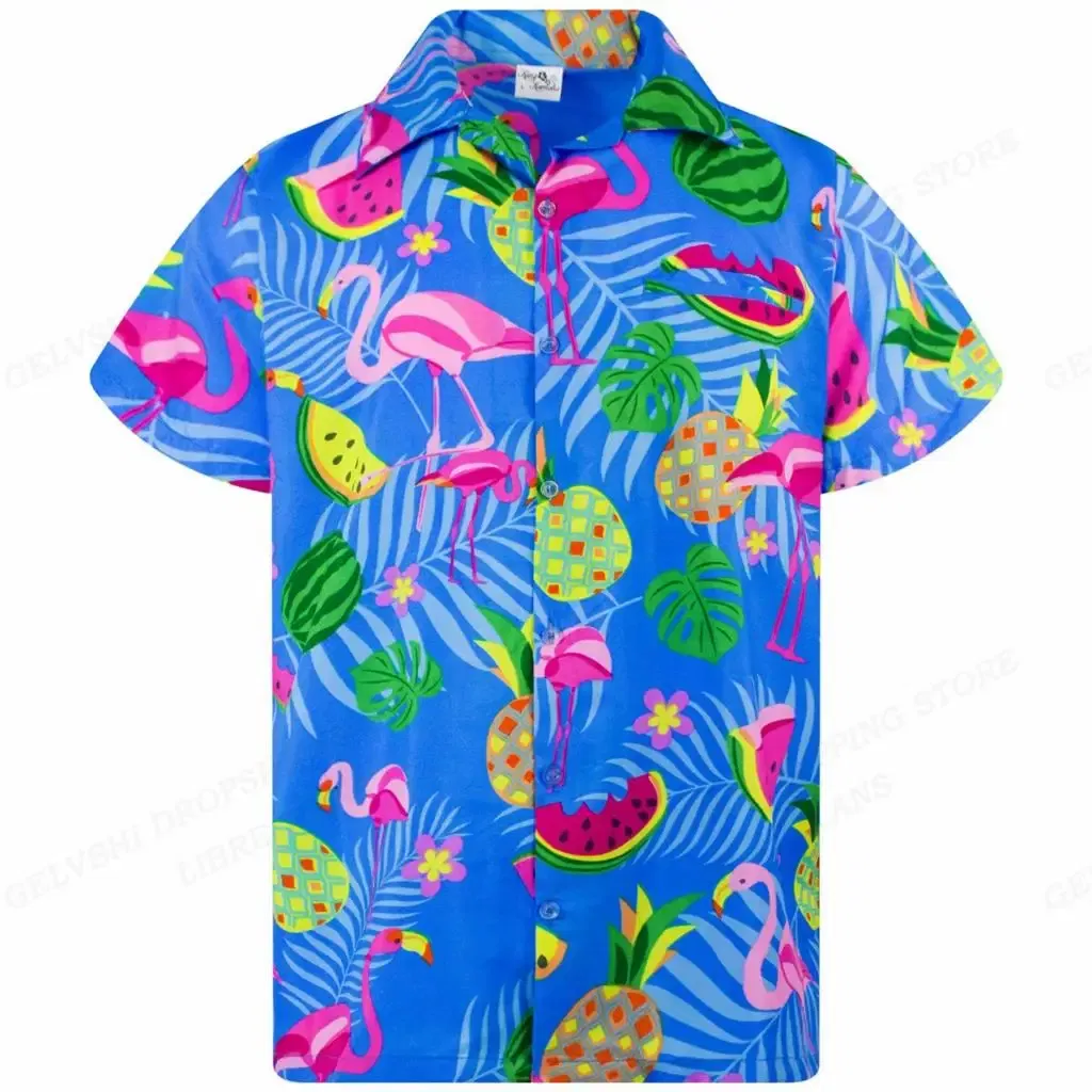 Color: Gold, Size: 5XL - Flamingo Hawaiian Shirts Beach Summer Men's Shirt Tropic Leaf 3D Print Shirts Men Women Fashion Blouse Short Sleeve Vocation