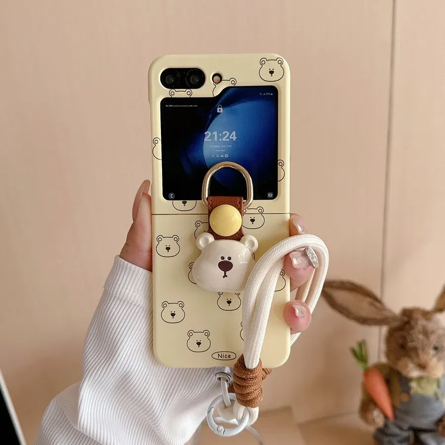 Color: Beige, Material: CANVAS - Cute 3D Bear Hand Strap Case for Samsung Galaxy Z Flip 6 5 4 3 Lanyard Ring Holder Shockproof Cover for Samsung Flip6 ZFlip5