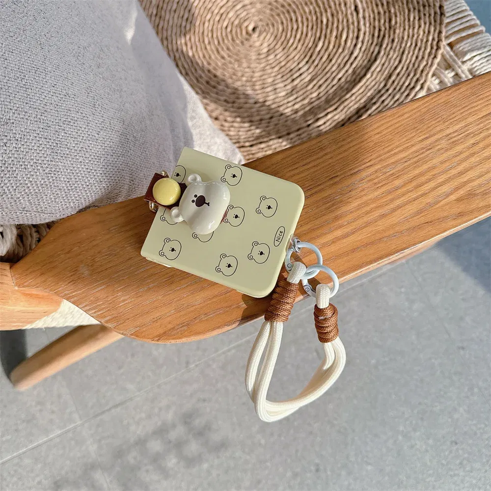 Color: Beige, Material: CANVAS - Cute 3D Bear Hand Strap Case for Samsung Galaxy Z Flip 6 5 4 3 Lanyard Ring Holder Shockproof Cover for Samsung Flip6 ZFlip5