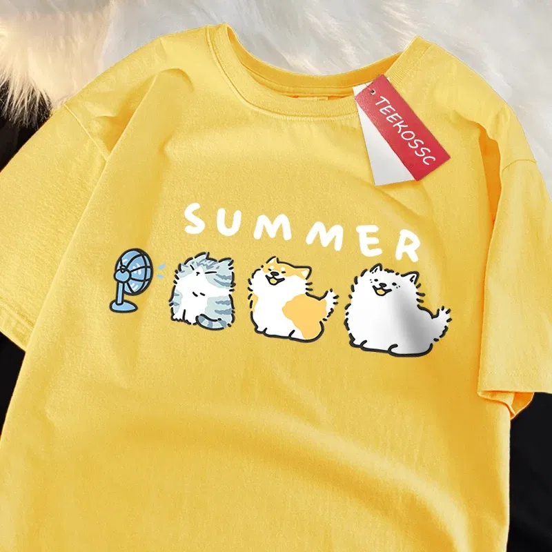 Color: Blue, Size: XL - Cats And Dogs Blowing Fans Print T Shirts Men Women Cute Crewneck Clothes Loose Summer T-Shirts Fashion Cotton Short Sleeve
