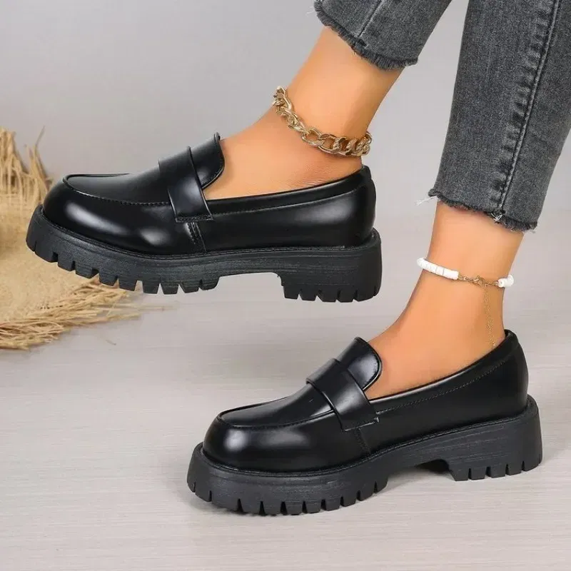 Color: black, Shoe Size: 37 - British Style Platform Loafers Women 2025 Plus Size Round Toe Single Shoes Woman Thick Bottom Pu Leather Shoes Mujer