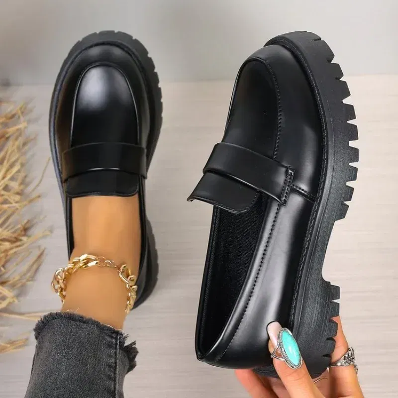 Color: black, Shoe Size: 37 - British Style Platform Loafers Women 2025 Plus Size Round Toe Single Shoes Woman Thick Bottom Pu Leather Shoes Mujer