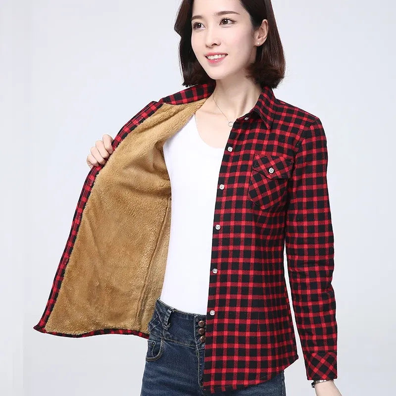 Color: Khaki, Size: M - 2025 Winter New Women's Warm Plaid Shirt Coat Casual Fleece Velvet Plus Thicke Jacket Tops College Style Woman Clothes Outerwear