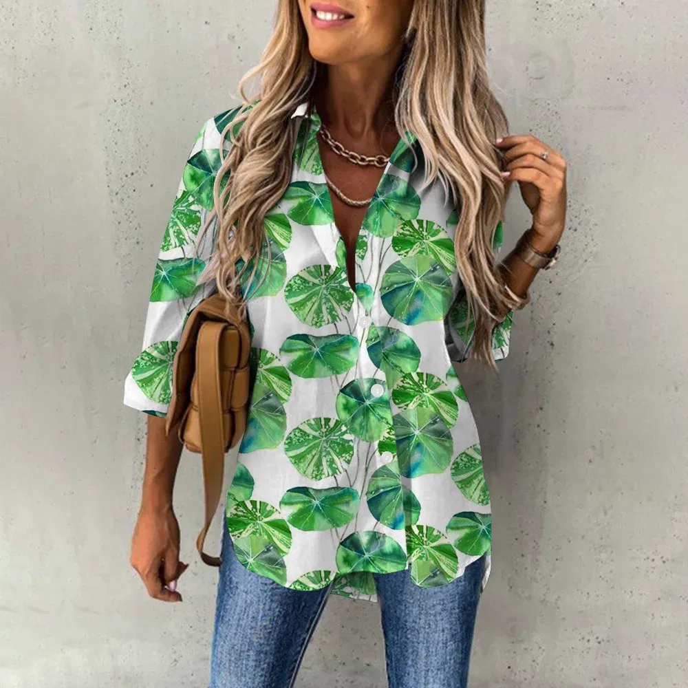 Color: Orange, Size: XL - Ladies Long Sleeved Shirt Vacation Style Coconut Tree 3D Digital Printed Button Up Collar Loose Casual Ladies Blouse 2024 Autumn