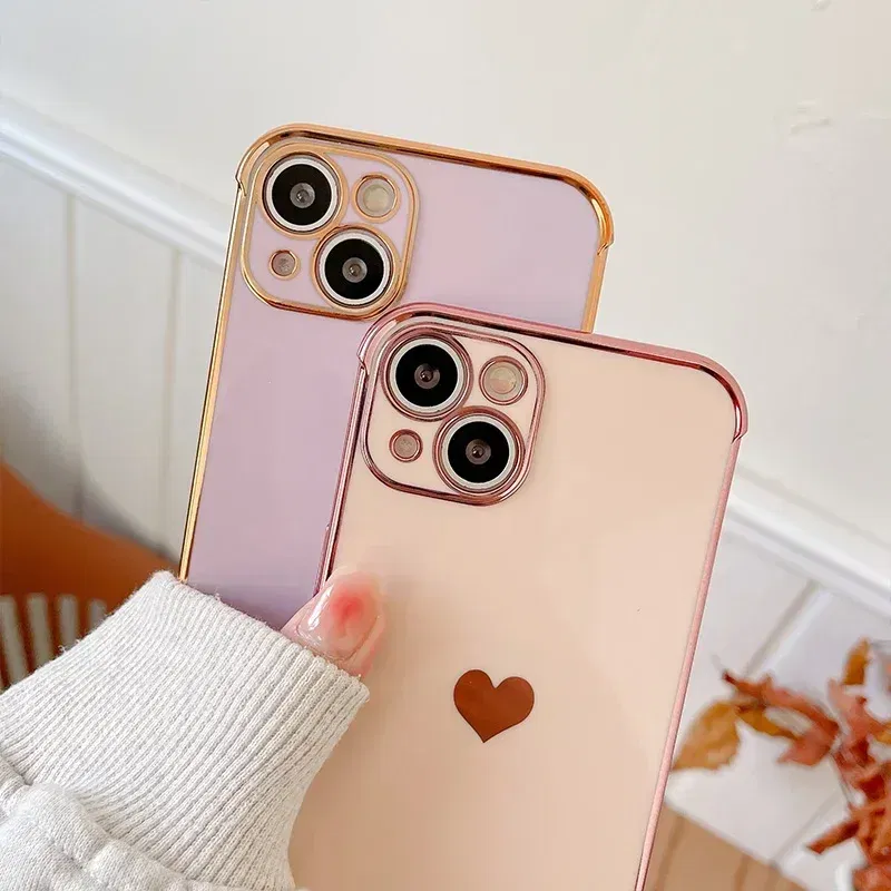 Color: black, Compatible-Phone Models: For iPhone 16 Pro Max, Ships From: CN - Electroplating Side Love Heart Phone Case For IPhone 16 15 14 13 12 11 Pro Max XR 8 Plus SE2/SE3 Shockproof Back Cover