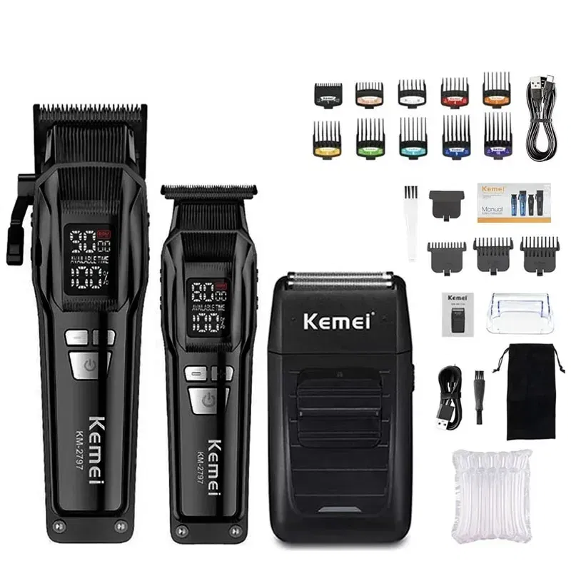 Color: Silver - Kemei Professional Electric Hair Clipper Kit Rechargeable Hair Trimmer Shaver for Men USB Charging Beard Razor KM-2797 KM-1102