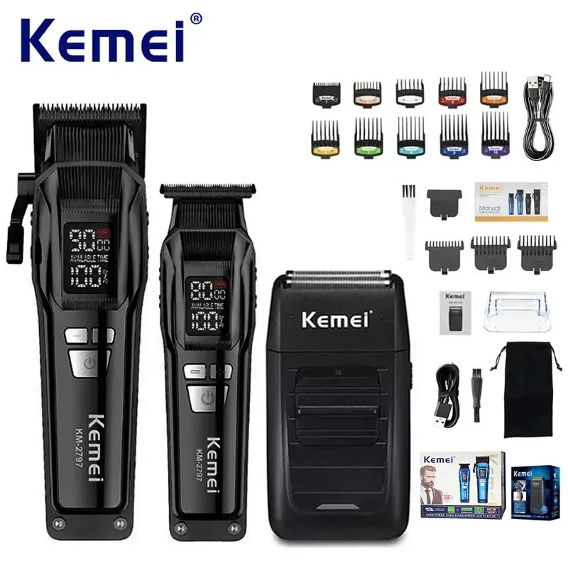 Color: Silver - Kemei Professional Electric Hair Clipper Kit Rechargeable Hair Trimmer Shaver for Men USB Charging Beard Razor KM-2797 KM-1102