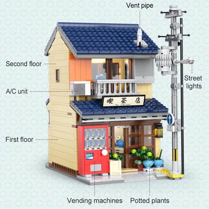 Color: WHITE - With Packaging BOX LED City Japanese Tea Shop House Architecture Building Blocks Friends Shop Figures Bricks Toys for Kid Gifts