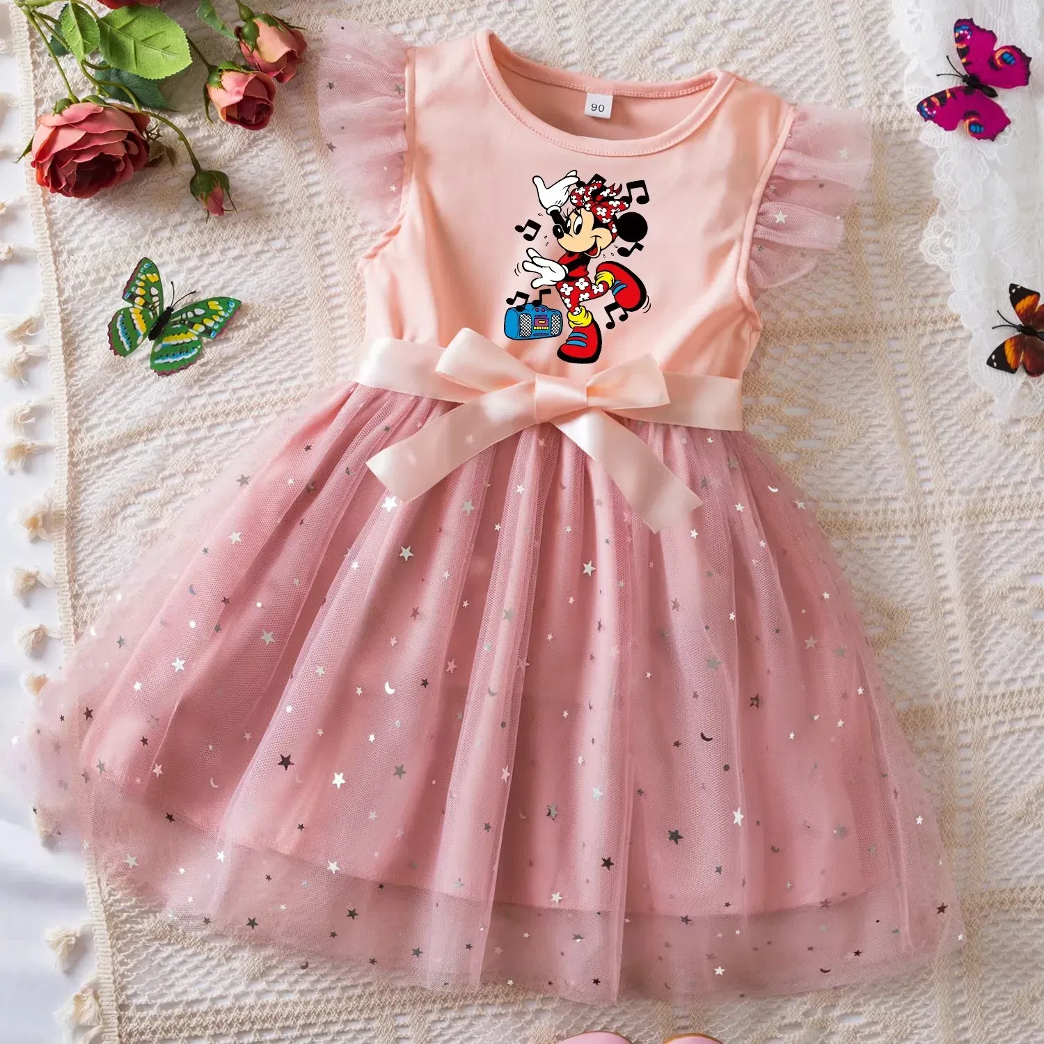 Color: Khaki, Size: M - Mickey Minnie Mouse Girls Summer Clothes Flying Sleeves Bow Sequin Dress 2-6Y Kid Birthday Tutu Princess Dress for Baby Girl