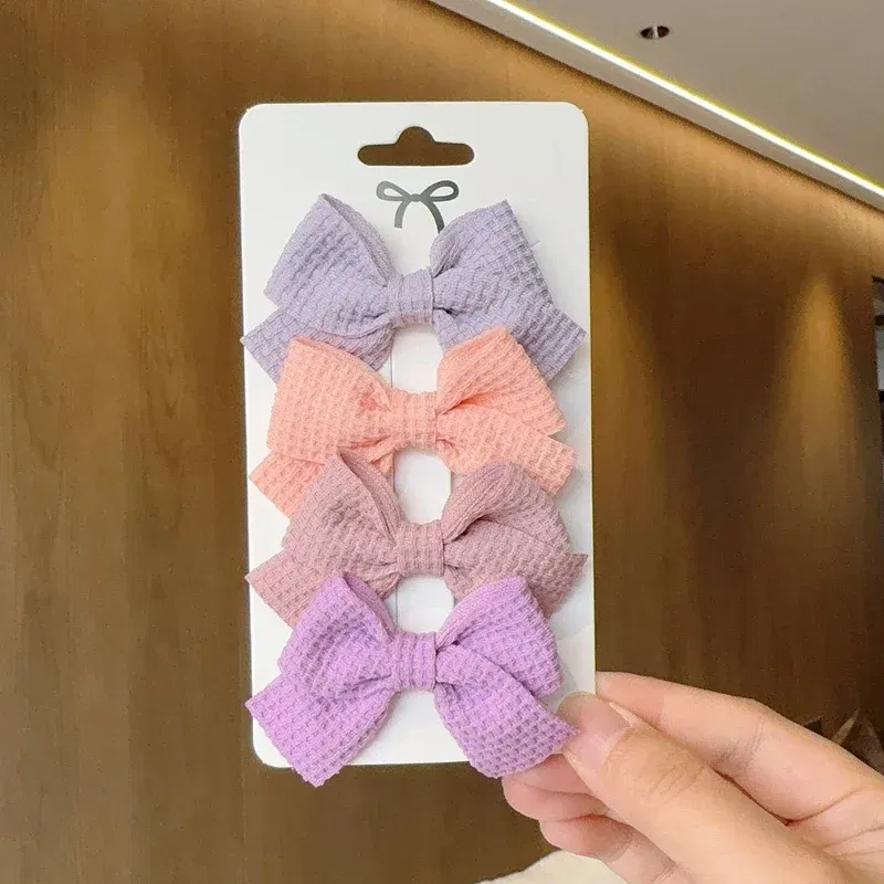 Color: Beige - 4PCS Soft Cotton Bow Hairpin Girl Sweet Plaid Design Hairpin Color Block Delicate Hairgripe Barrettes Kawaii Child Accessories