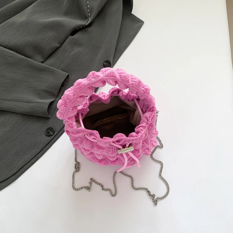 Color: Pink - Pearl puff fashion pop bucket bag pleated lines dopamine color youth smell girlishness sweet casual