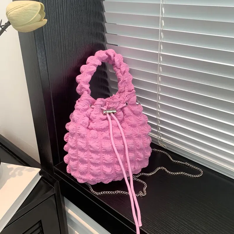Color: Pink - Pearl puff fashion pop bucket bag pleated lines dopamine color youth smell girlishness sweet casual