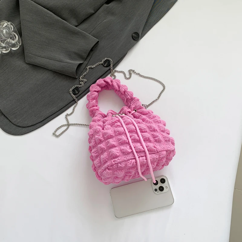 Color: Pink - Pearl puff fashion pop bucket bag pleated lines dopamine color youth smell girlishness sweet casual