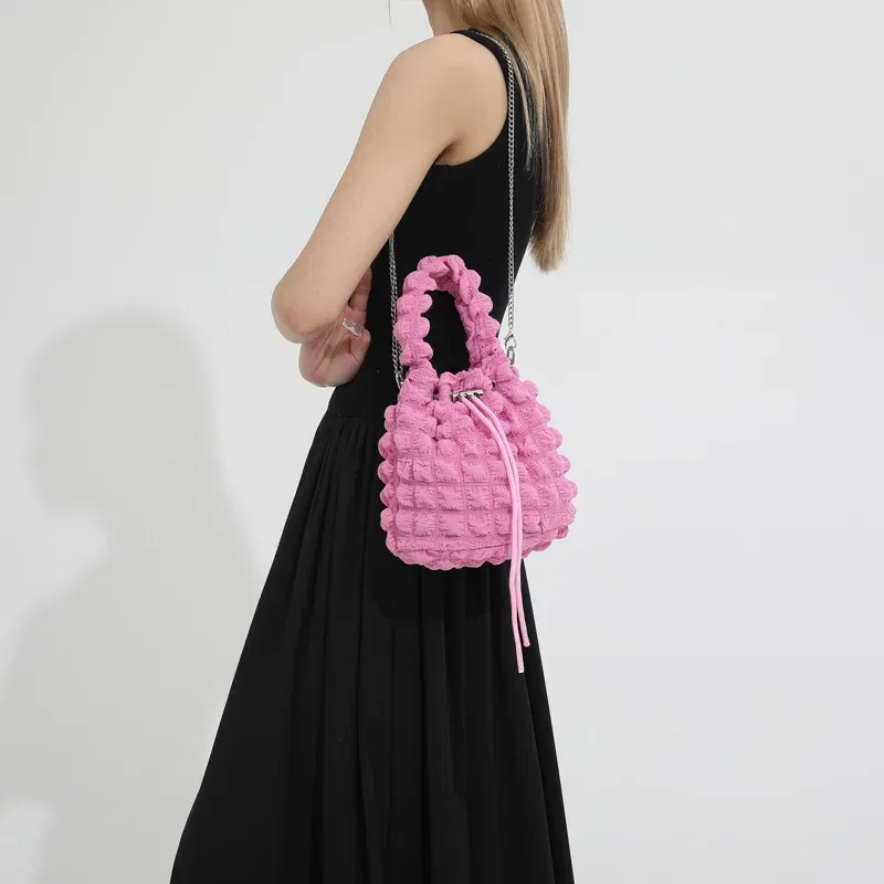Color: Pink - Pearl puff fashion pop bucket bag pleated lines dopamine color youth smell girlishness sweet casual